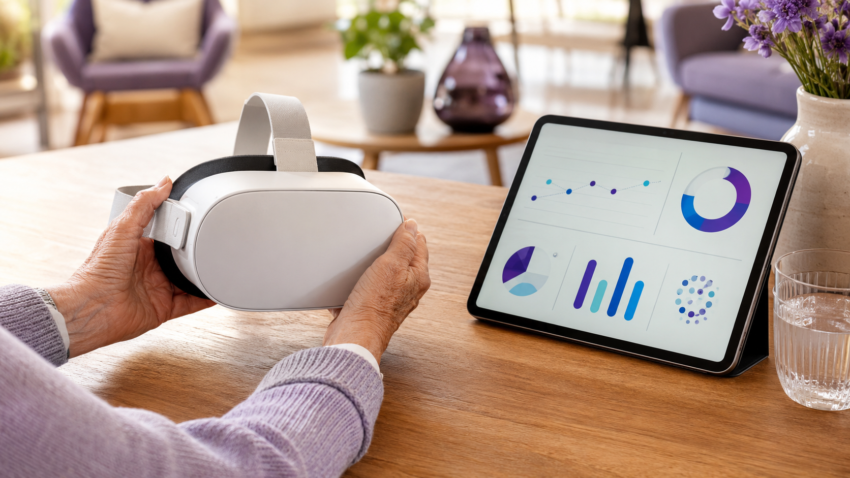 VR-Brille und Tablet mit einer Fortschrittsdarstellung