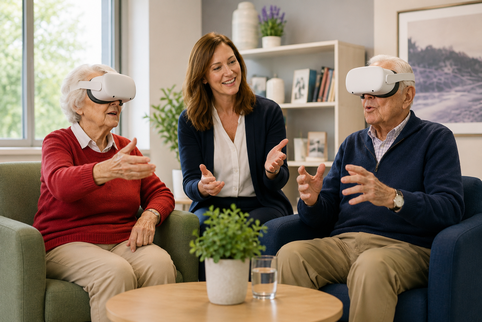 Senior:innen trainieren gemeinsam mit VR-Brillen in einem Therapieraum